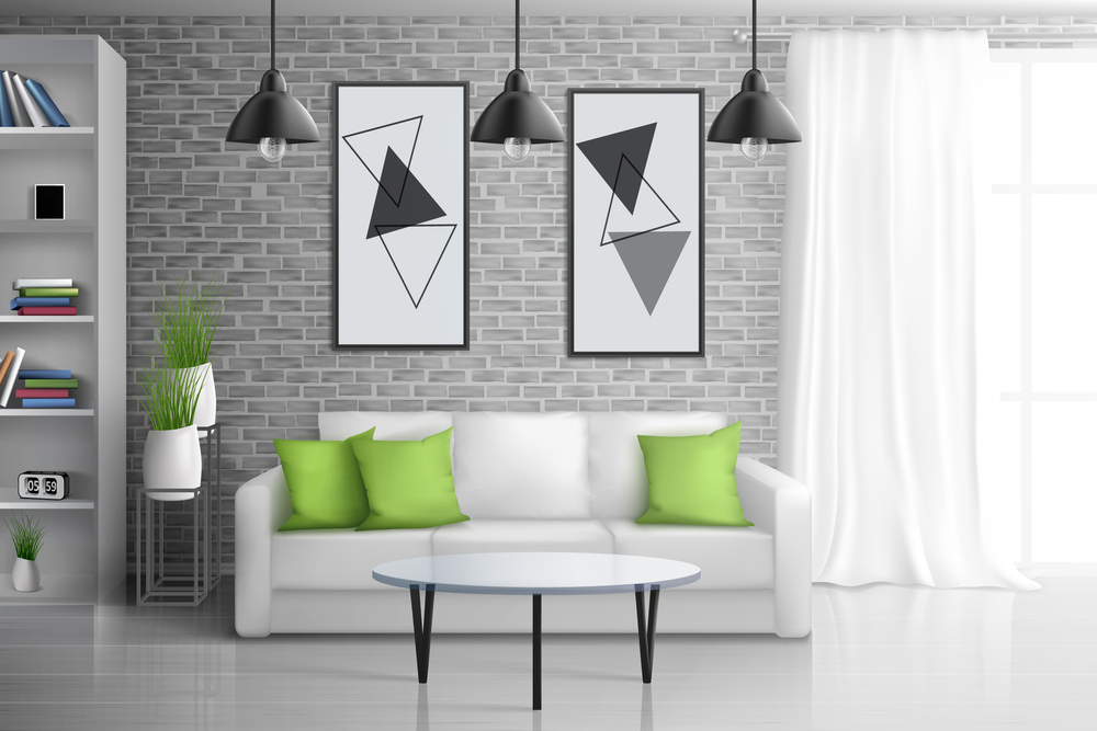 Sala de estar contemporánea con decoración minimalista, donde destacan las texturas de ladrillo, los acentos verdes y los elementos geométricos, creando un ambiente equilibrado y funcional.